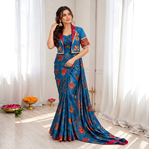 Conjunto de Saree Azul Floral para Mujer con Blusa Bordada, Largo hasta el Suelo, Traje Tradicional Indio para Boda - Product Image 1
