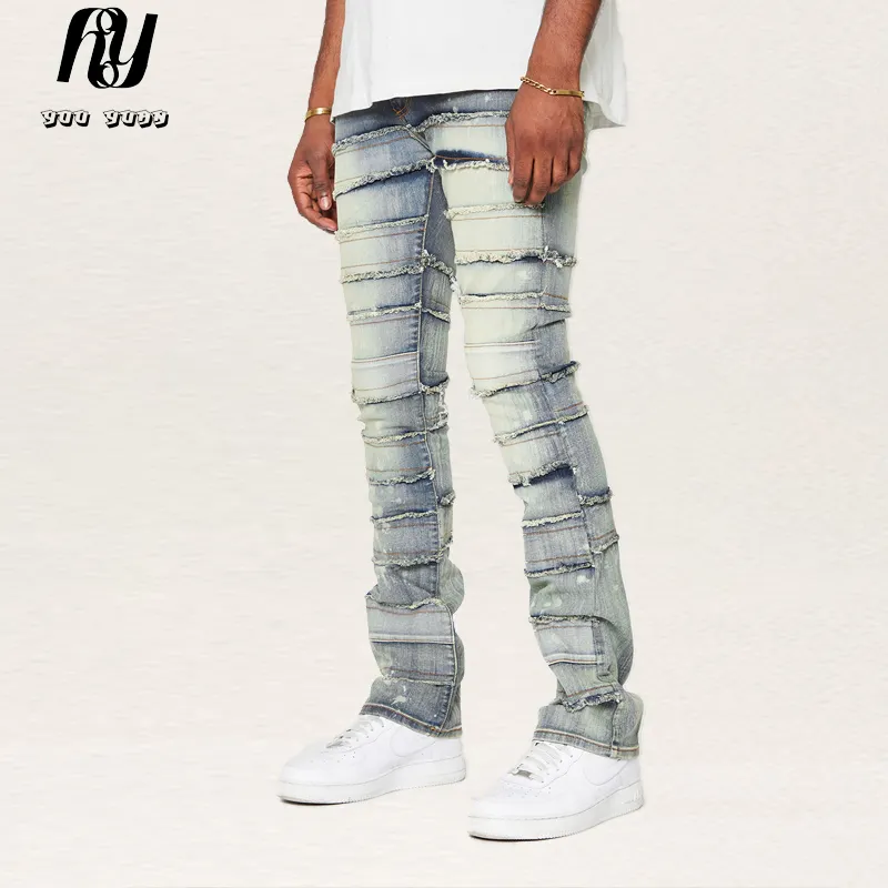 LILUO personnalisé designer patchwork pantalons de détresse pile pantalon homme jean hommes flare jeans hot pants