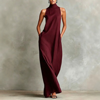 Robe longue sans manches à col haut pour femme, robe maxi de couleur unie, robe de soirée élégante décontractée pour l'été