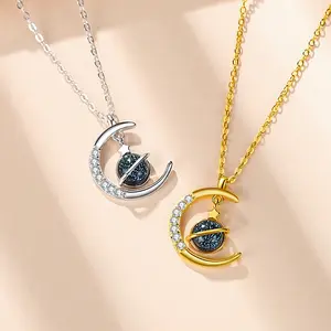 2023 New 925 Sterling Silver Crescent Moon Planet Pendant 18k Gold Plated Women's Necklace Jewelry