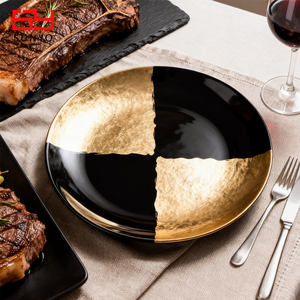 Assiette à dîner en verre <span class=keywords><strong>noir</strong></span> <span class=keywords><strong>et</strong></span> <span class=keywords><strong>or</strong></span>, 10 pouces, qualité alimentaire, passe au lave-vaisselle, vente en gros, certifiée FDA LFGB - Product Image 4