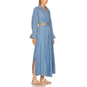 Logo personalizzato Blue Jean Denim Maxi abiti lunghi donna Lady eleganti abiti Casual tagliati <span class=keywords><strong>con</strong></span> <span class=keywords><strong>spacco</strong></span> - Product Image 2