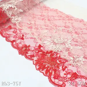Wholesale Red Nude Embroidery Lace 3D Flower Thin Mesh Lace 25cm Gold Plating Line Polyester Material for Dress