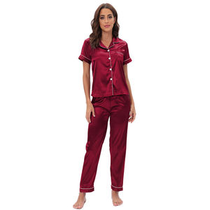 Ensemble de vêtements de nuit en satin soyeux uni, classique, doux et lisse, pour femmes, été et automne, haut à <span class=keywords><strong>manches</strong></span> <span class=keywords><strong>courtes</strong></span> et pantalon long - Product Image 6