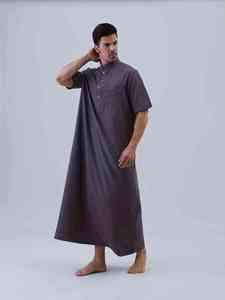 <b>Men's</b> Brown Cotton <b>Thobe</b> Short Sleeve Floor Length Shirt Collar Modest Prayer Robe Solid Color All Seasons Regular Fit - Product Image 5