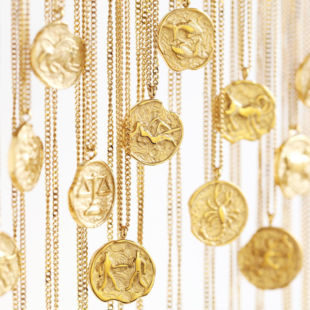 Gold Plated Vermeil Zodiac Necklace Jewelry Stainless Steel Round Zodiac Medallion Astrology Necklace Star Sign Coin Pendant