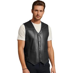 FOXA Men's Genuine <b>Leather</b> Vest <b>Sleeveless</b> Motorcycle Biker Style All Seasons - Product Image 1