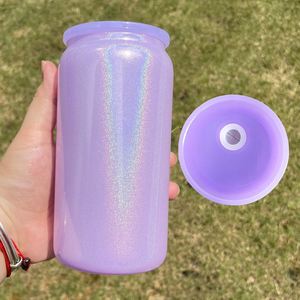 Vaso de Vidrio Brillante de 16 oz con Purpurina Arcoíris para Sublimación, con Tapa de PP y Pajitas para Refrescos, Cerveza, Café Helado - Product Image 4