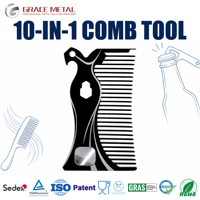 Carte multi-outils en métal 10-en-1 en acier inoxydable, avec peigne, ouvre-bouteille, miroir et lime à ongles, personnalisable pour cadeaux d'entreprise