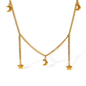 Collar de aleación de zinc con forma de estrella y luna, color dorado, cadena larga con colgante para regalo - Product Image 5