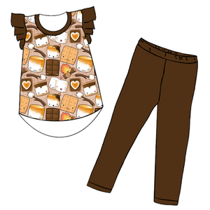 Ensemble décontracté 2 pièces en soie de lait respirant pour enfants : haut à manches volantées + leggings, ensemble de vêtements personnalisés pour filles - Product Image 4