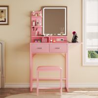 Coiffeuse rose lumineuse avec miroir, table de maquillage à 2 tiroirs, panneau rabattable et prise électrique pour chambre à coucher