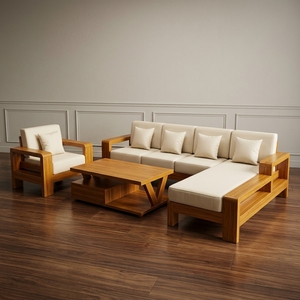 Juego de Sofás Modulares en Forma de L de Madera de Teca Sólida Minimalista con Sillón y Mesa de Centro, Muebles Modernos para Sala de Estar, Hogar, Villa u Hotel - Product Image 6