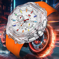 Reloj de Pulsera Deportivo Casual para Hombre, con Caja Octogonal Transparente, Cronógrafo de Cuarzo, Esfera con Marcadores Coloridos, Correa de Silicona, Resistente al Agua