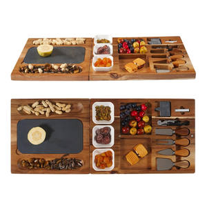 Grand plateau <span class=keywords><strong>magnétique</strong></span> 3 en 1 pour servir la charcuterie Plateau à découper en <span class=keywords><strong>ardoise</strong></span> Plateau à fromage rectangulaire en bois d'acacia avec 3 bols en céramique - Product Image 1