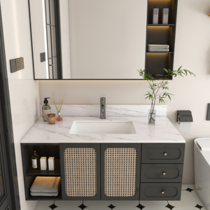 Modern Carrara White Stone Bathroom <strong>Vanity</strong> Top with Undermount Rectangle Ceramic Sink PVC <strong>Case</strong> and Bath Mirror - Product Image 1