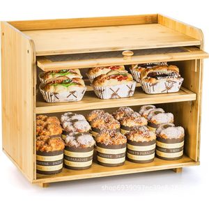Boîte de rangement pour pain en bois, présentoir à gâteaux à double couche en bambou, organisateur de bureau pour boulangerie et usage domestique - Product Image 1