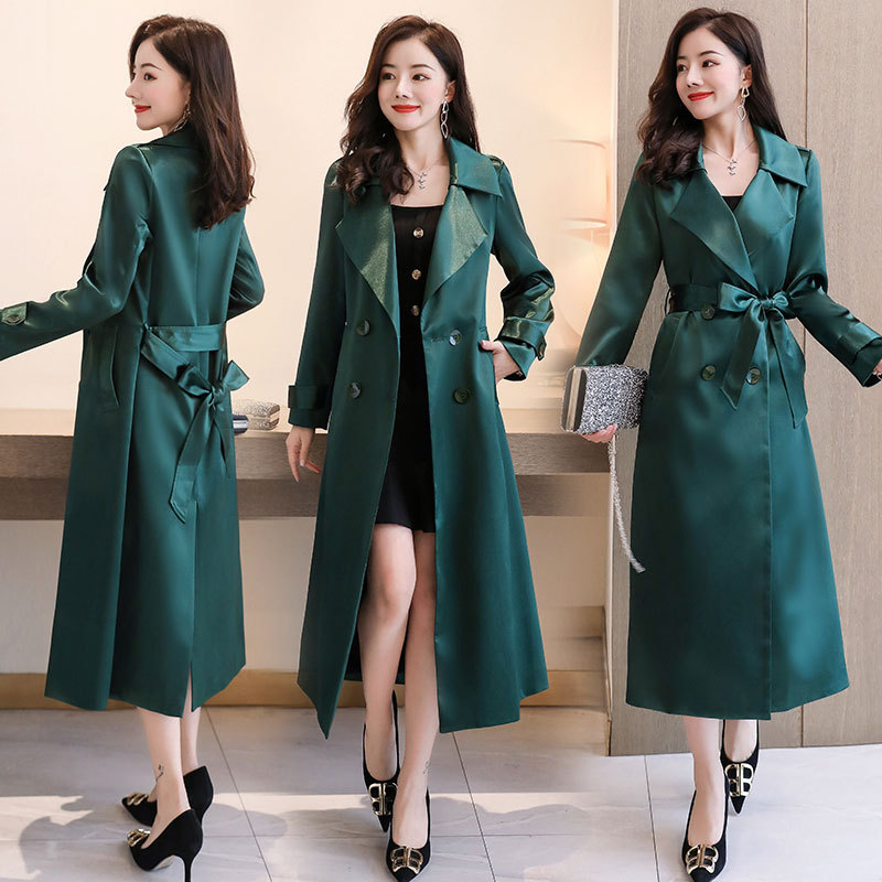 Green silk satin trench coat