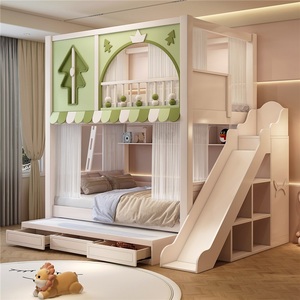 JS FURNITURE <span class=keywords><strong>Lit</strong></span> double pour enfants en bois massif au design unique, mobilier de chambre à thème vert <span class=keywords><strong>avec</strong></span> <span class=keywords><strong>toboggan</strong></span> en arc et escalier de rangement - Product Image 2
