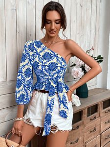 2026 Sexy Casual <span class=keywords><strong>Mandala</strong></span> estampado un <span class=keywords><strong>hombro</strong></span> linterna manga volante dobladillo Blusa con cinturón Top <span class=keywords><strong>mujer</strong></span> señora camiseta - Product Image 5