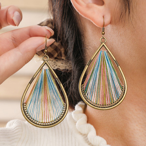 Boucles d'oreilles pendantes géométriques bohèmes en fil de coton ciré plaqué bronze antique, bijoux de fête pour femmes, boucles d'oreilles tendance - Product Image 2