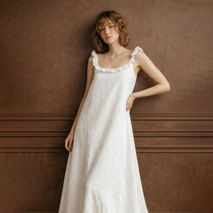 Vestido Midi de Lino/Algodón Blanco para Mujer, con Volantes, Estilo Playa, para Vacaciones en la Isla de Sanya, Sesión de Fotos - Product Image 4