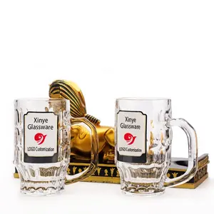 High quality 380ml clear decal printing logo glass beer mug thick beer glass cup with handle