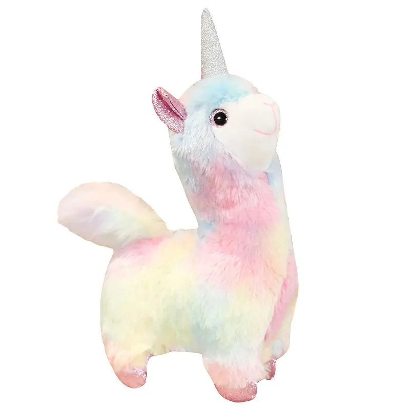 Almofada de pelúcia do arco-íris, boneca alpaca, cordeiro, brinquedos infantis, arco-íris, unicórnio, com chifre