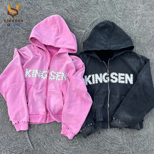 เสื้อฮู้ดดี้ทรงบ็อกซี่แบบครอป ผ้าคอตตอนหนานุ่ม สไตล์สตรีทแวร์หรูหรา Y2K ประดับคริสตัล ซิปหน้า ล้างสีแบบแอซิดวอช - Product Image 1