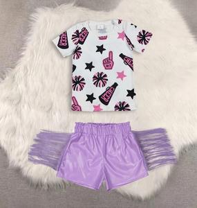 Ensemble de tenue de cheerleader pour petite fille, 8 couleurs, décontracté, écologique, sans manches, avec t-shirt à motif étoiles et short à franges - Product Image 3