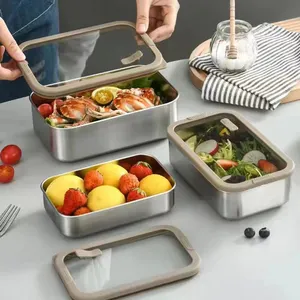 Rettangolo contenitore per alimenti in metallo Bento Bento cibo contenitore portatile mensa 304 in acciaio inox scatola per il pranzo con coperchio in vetro