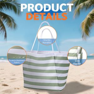 Bolsa de Playa Reutilizable Ecológica a Rayas con Bolsillo Lateral, Bolsa de Hombro de Lona Impermeable de Gran Capacidad - Product Image 4