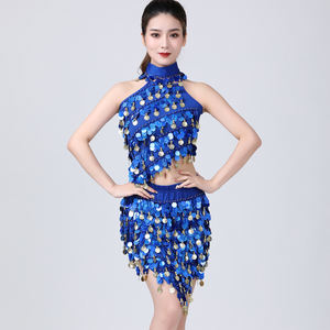 Ensemble 3 pièces pour femmes : tenue de danse latine avec franges, sequins ronds, débardeur sans manches à lacets, mini-jupe et collier brillant - Product Image 2