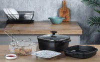 Heißer Verkauf: Minimalistisches 4-teiliges All-in-One Antihaft-Topfset mit tiefer quadratischer Kasserolle, inklusive Metall-Frittierkorb und Dampfgarer