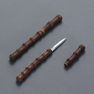 Cuchillo de Té de Bambú con Hoja de Acero de Damasco de 3.9 Pulgadas, Borde Recto, Hecho a Mano, Accesorio para la Ceremonia del Té - Product Image 1