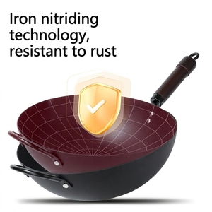 Wok en fonte pré-saison avec traitement de nitruration, sans produits chimiques, antiadhésif, pour sautés, avec couvercle - Product Image 2