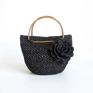 Bolso Tote de Rafia Negra Tejida con Decoración Floral de Perlas, Asa Metálica y Cierre de Cremallera, Bolso Portátil para Playa y Viajes - Product Image 1