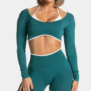 Haut de sport respirant pour femme, style européen et américain, à manches longues, avec dos sexy, coupe ajustée, motif color-block, idéal pour le yoga - Product Image 2