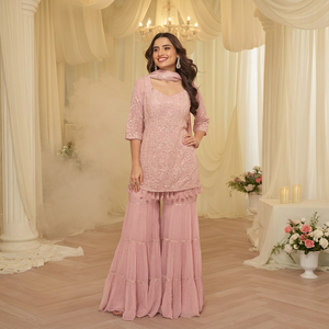 Georgette Free Size Stitched <b>Suit</b> with <b>Chikankari</b> Embroidery Work - Product Image 1
