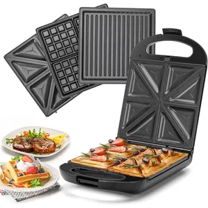 3 in 1 Family Sandwich Toaster 4 Slice Waffle Maker Panini Press Deep Filled Removable Plates with Non-Stick Coating