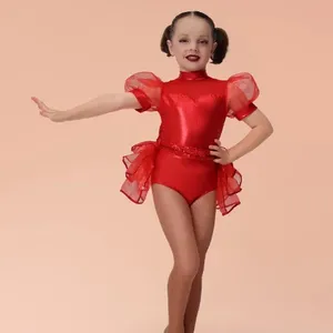 New Style 24006 Cutie red glitzy lycra sequin belt leotard with organza puff sleeves Dance Costume