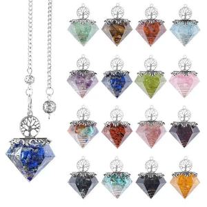 Pendule en cristal naturel avec pendentif en résine, <span class=keywords><strong>pierre</strong></span> brute colorée, pendule en forme d'arbre <span class=keywords><strong>de</strong></span> vie rhombique - Product Image 1