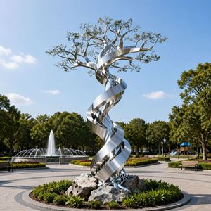 Escultura de Árbol de la Vida en Acero Inoxidable Plateado, Diseño Moderno de Tronco en Espiral Feng Shui, Acabado Pulido, para Parques y Plazas al Aire Libre - Product Image 1