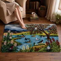 Tapis moderne en velours synthétique imprimé paysage pastoral avec bassin de canards et animaux, fabriqué à la machine en polyester, pour salon et chambre à coucher