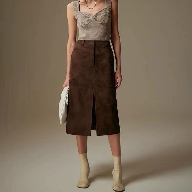 4317 Trending Product Dark Brown Skirt Straight Slight Slit  Leather Suede Skirt for Ladies Women