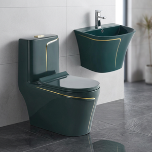 Hermosa cerámica de colores, artículos sanitarios, lavabo de baño, inodoro, línea azul dorada, lavabo de medio Pedestal y juego de inodoro de cerámica de una pieza - Product Image 3
