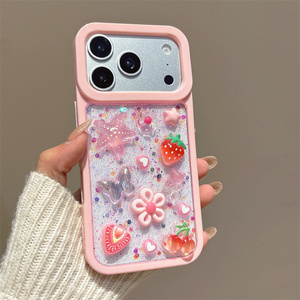 เคสโทรศัพท์มือถือลายกลิตเตอร์สตรอว์เบอร์รี่ผีเสื้อ สำหรับ iPhone 17 Air 16 15 14 Pro Max ลายดอกไม้เรซิ่นเชอร์รี่ DIY ดาว รูปหัวใจ ฝาหลัง - Product Image 5
