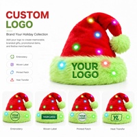 Chapeau de Père Noël LED personnalisé avec logo, éclairage complet rouge et vert, 30 perles colorées, bordure en peluche, à piles, pour Noël, décorations de fêtes, vente en gros, OEM