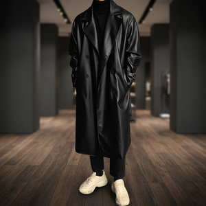 Manteau long en simili cuir pour homme Mauroicardi 2022, noir, avec design surdimensionné, épaules tombantes, ceinture pour le printemps et l'automne - Product Image 3