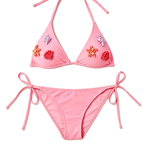 Set Bikini Triangolare OEM con Perline e Dettagli in Tessuto Riciclato, Top con Laccetti, Costume da <span class=keywords><strong>Bagno</strong></span> Due Pezzi per <span class=keywords><strong>Donna</strong></span> - Product Image 1
